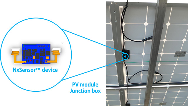 NxSensor™ device inside junction box for MPPT, monitoring, rapid shutdown, NEC2017.